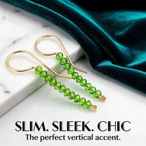 Green Faceted Crystal ~ Beaded Stick Earrings! Daint, Slim & Lightweight!